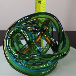 Handblown Glass Knot Sculpture in Green and Blue with Amber Accents